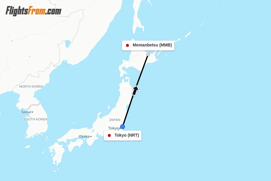 Flights from Tokyo to Memanbetsu route map