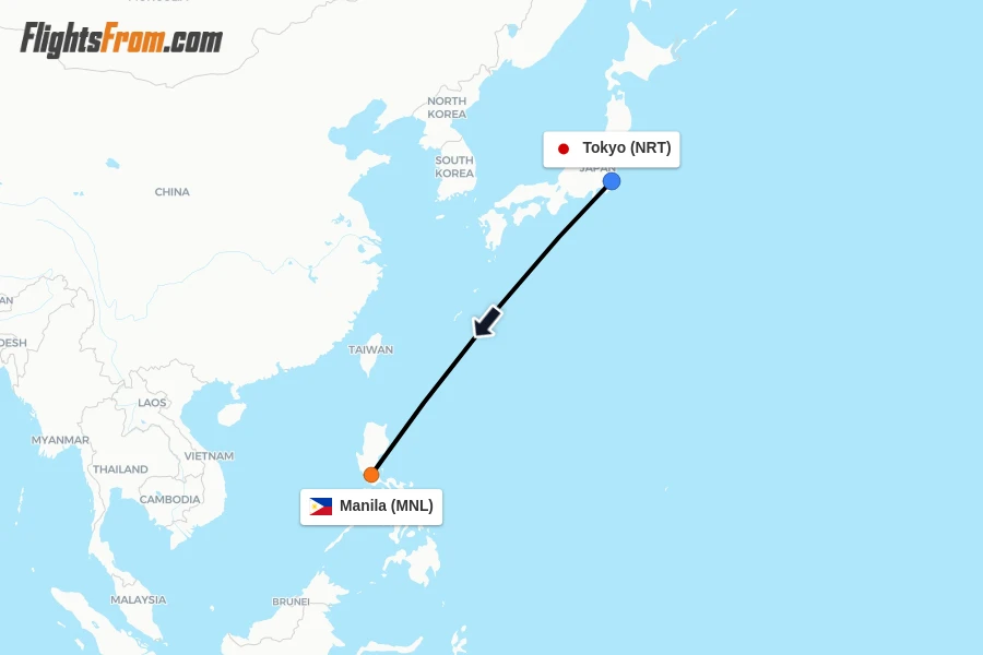 Flights from Tokyo to Manila route map