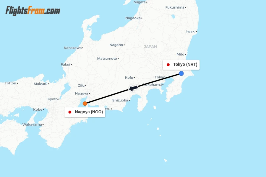 Flights from Tokyo to Nagoya route map