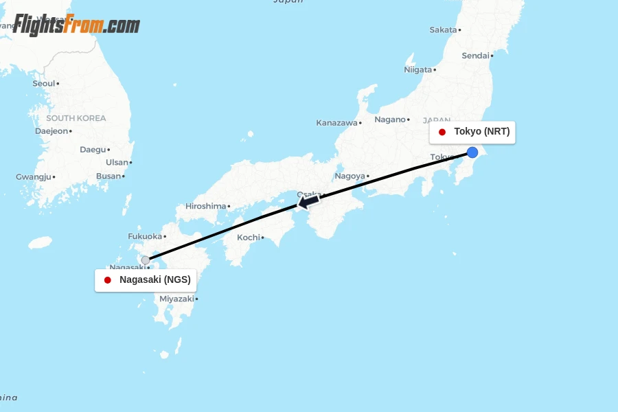 Flights from Tokyo to Nagasaki route map