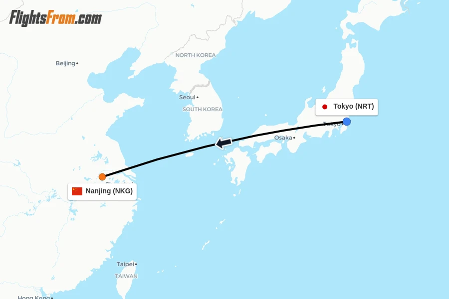 Flights from Tokyo to Nanjing route map
