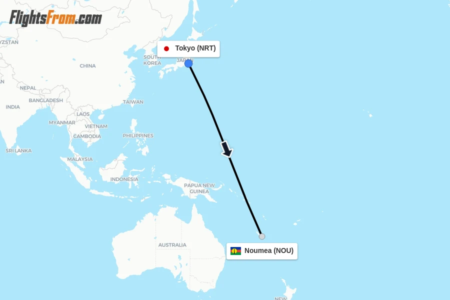 Flights from Tokyo to Noumea route map