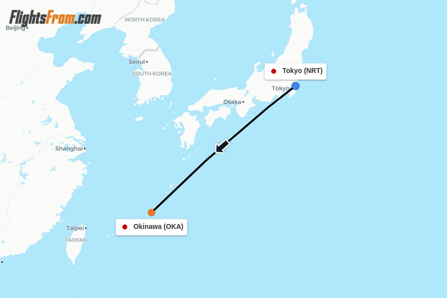 Flights from Tokyo to Okinawa route map