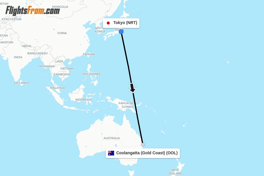 Flights from Tokyo to Coolangatta (Gold Coast) route map