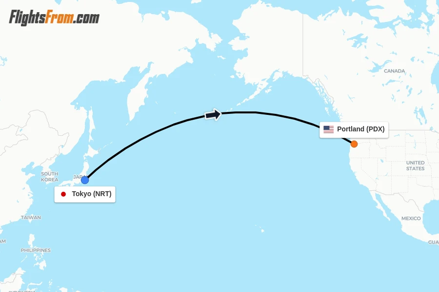 Flights from Tokyo to Portland route map