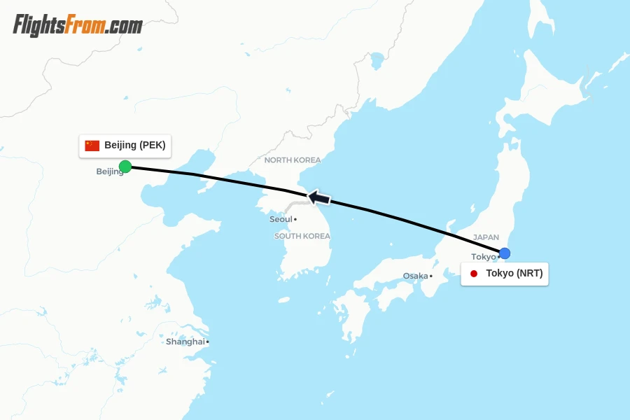 Flights from Tokyo to Beijing route map