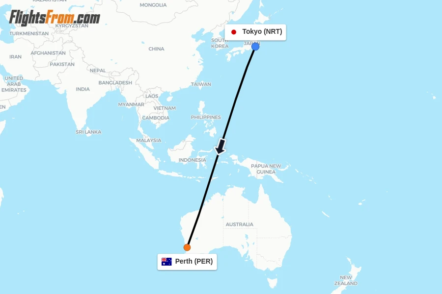 Flights from Tokyo to Perth route map