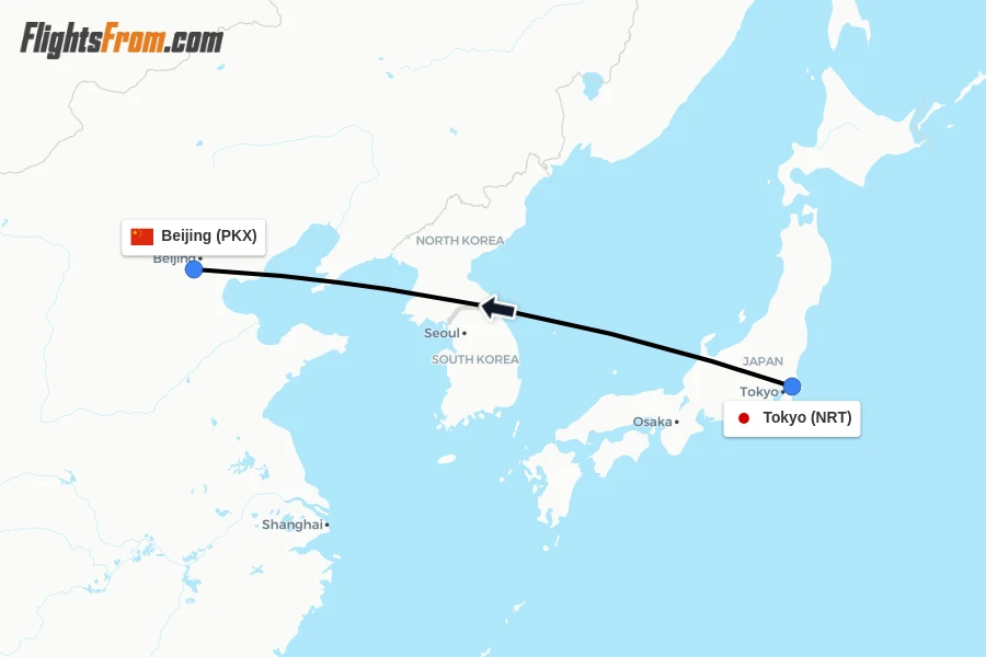 Flights from Tokyo to Beijing route map