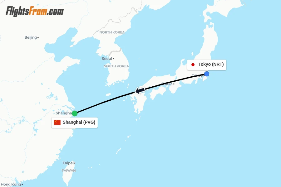 Flights from Tokyo to Shanghai route map