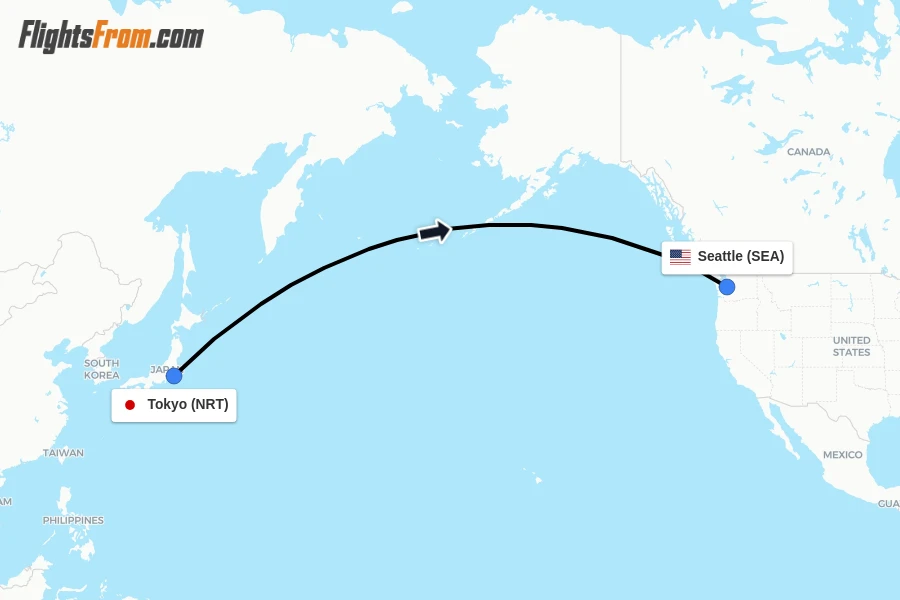 Flights from Tokyo to Seattle route map