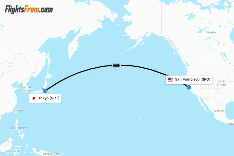 Flights from Tokyo to San Francisco route map