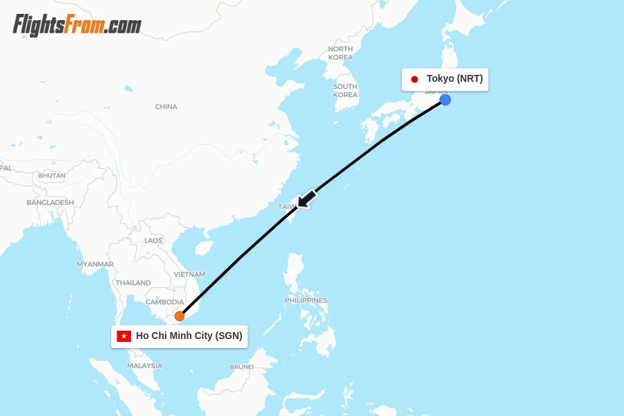 Flights from Tokyo to Ho Chi Minh City route map