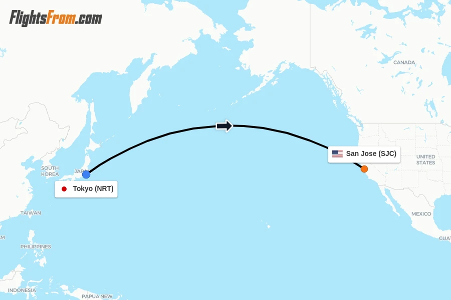Flights from Tokyo to San Jose route map