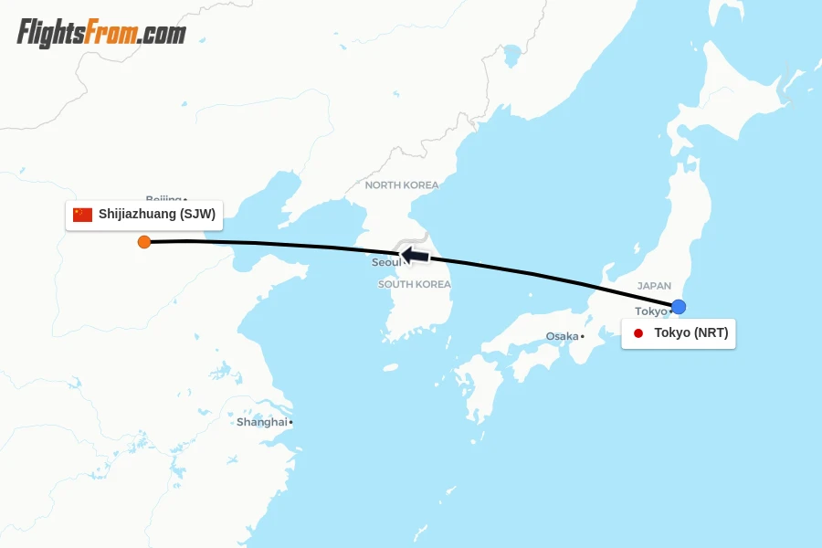 Flights from Tokyo to Shijiazhuang route map