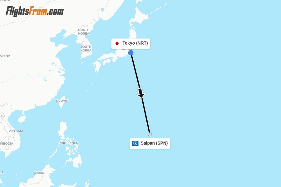 Flights from Tokyo to Saipan route map