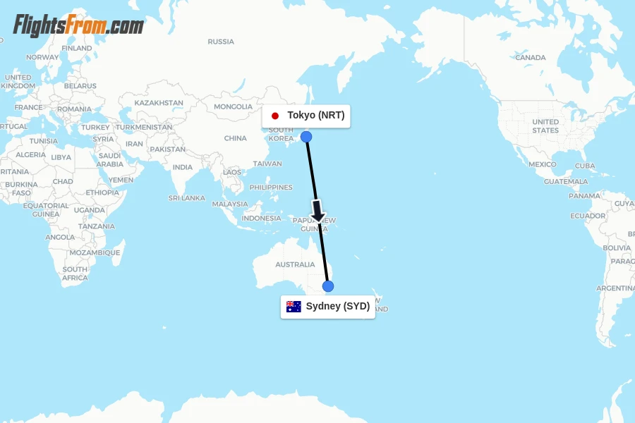 Flights from Tokyo to Sydney route map