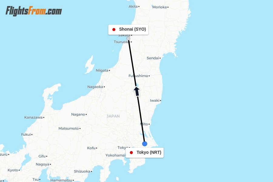 Flights from Tokyo to Shonai route map