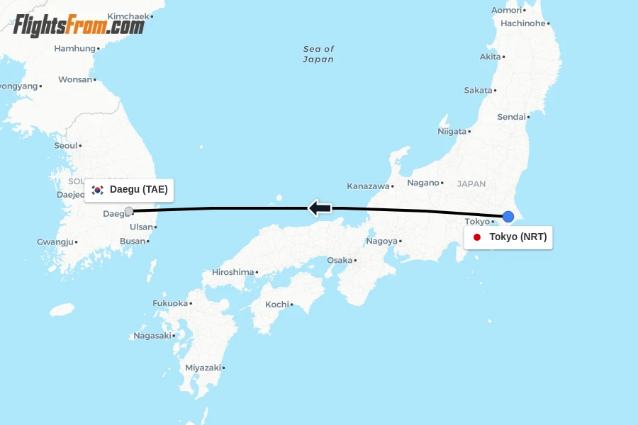 Flights from Tokyo to Daegu route map