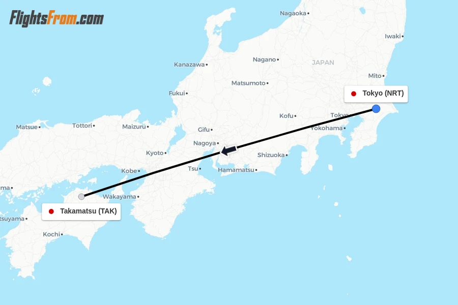 Flights from Tokyo to Takamatsu route map