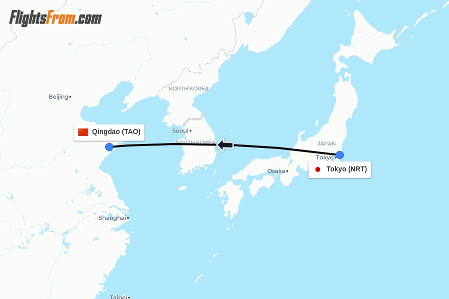 Flights from Tokyo to Qingdao route map