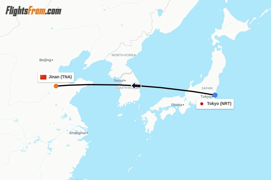 Flights from Tokyo to Jinan route map