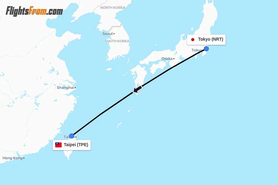 Flights from Tokyo to Taipei route map