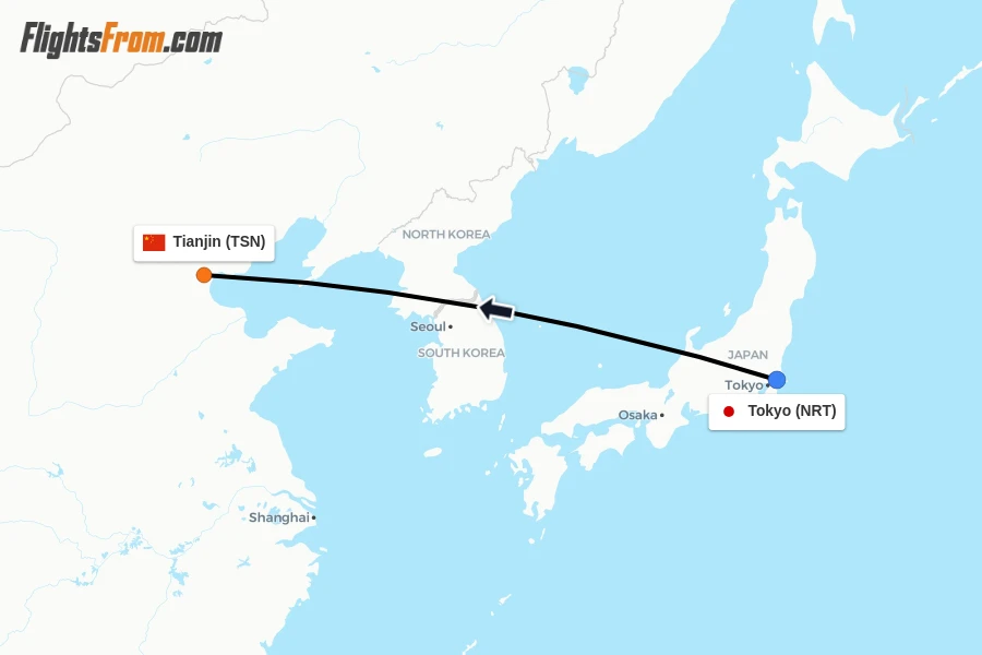 Flights from Tokyo to Tianjin route map