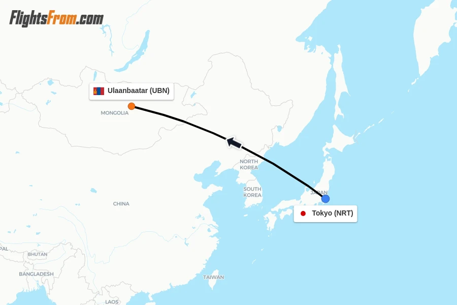 Flights from Tokyo to Ulaanbaatar route map