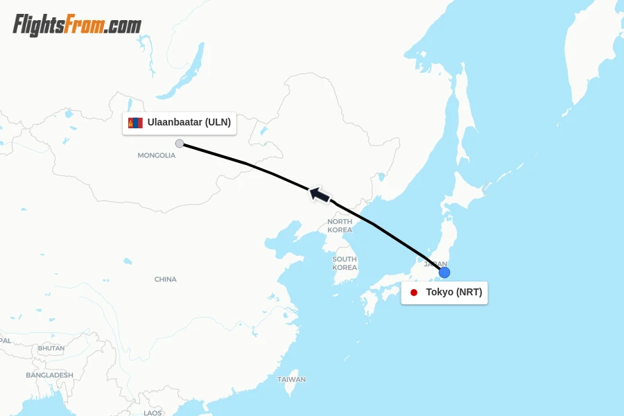 Flights from Tokyo to Ulaanbaatar route map