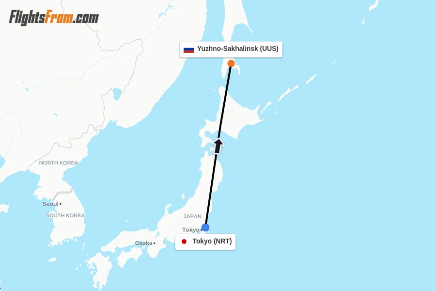 Flights from Tokyo to Yuzhno-Sakhalinsk route map