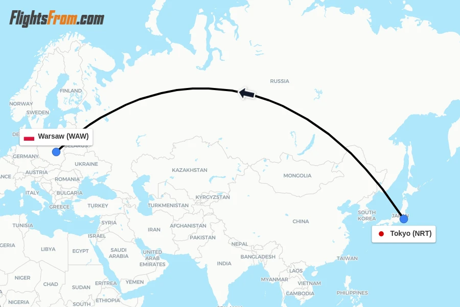 Flights from Tokyo to Warsaw route map