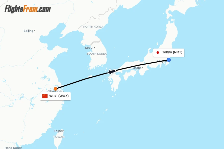 Flights from Tokyo to Wuxi route map