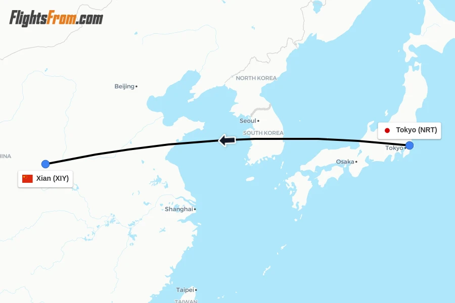 Flights from Tokyo to Xian route map