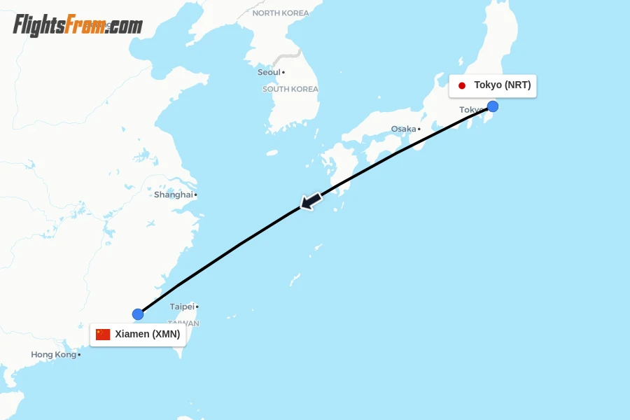 Flights from Tokyo to Xiamen route map