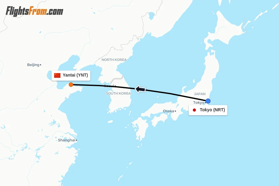 Flights from Tokyo to Yantai route map
