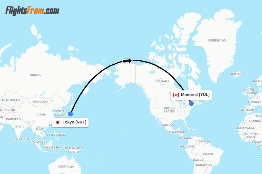 Flights from Tokyo to Montreal route map