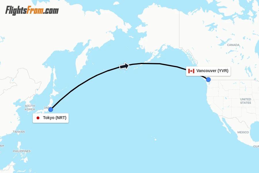 Flights from Tokyo to Vancouver route map