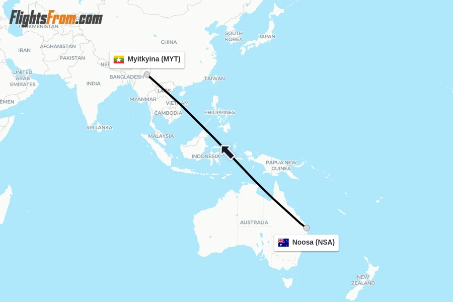 Flights from Noosa to Myitkyina route map