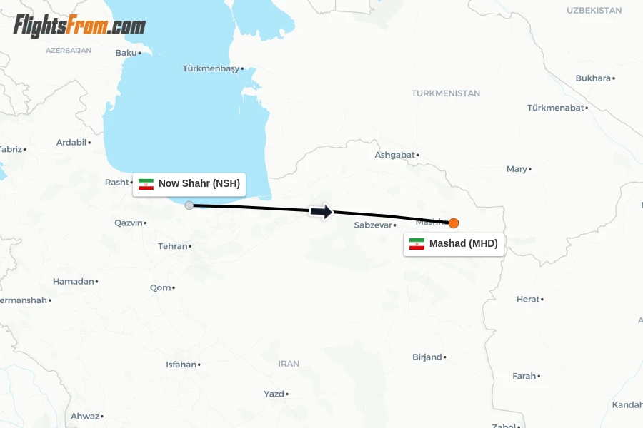 Flights from Now Shahr to Mashad route map