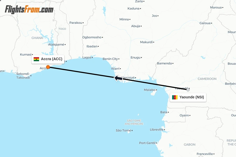 Flights from Yaounde to Accra route map