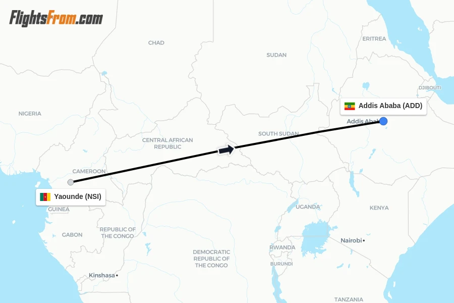 Flights from Yaounde to Addis Ababa route map
