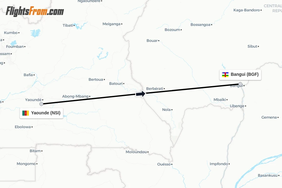 Flights from Yaounde to Bangui route map