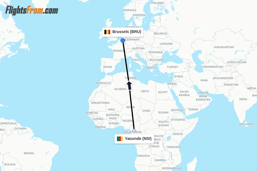 Flights from Yaounde to Brussels route map