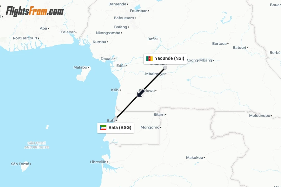 Flights from Yaounde to Bata route map
