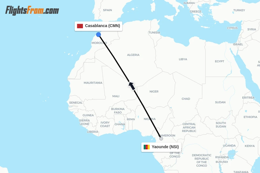 Flights from Yaounde to Casablanca route map