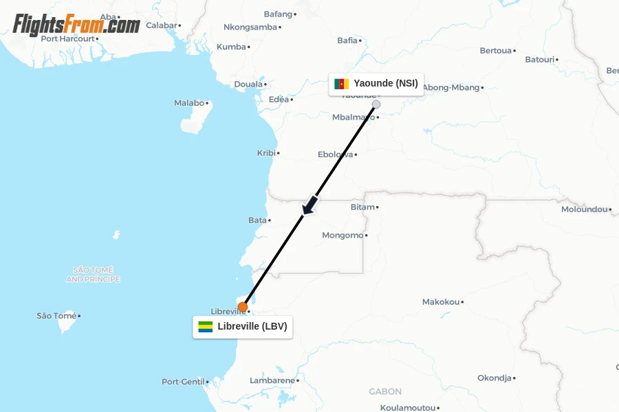 Flights from Yaounde to Libreville route map