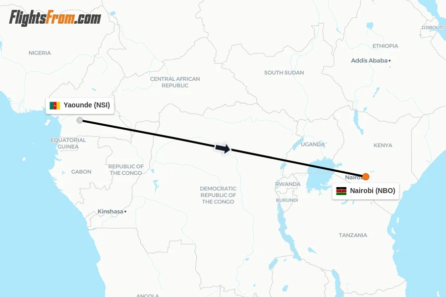Flights from Yaounde to Nairobi route map