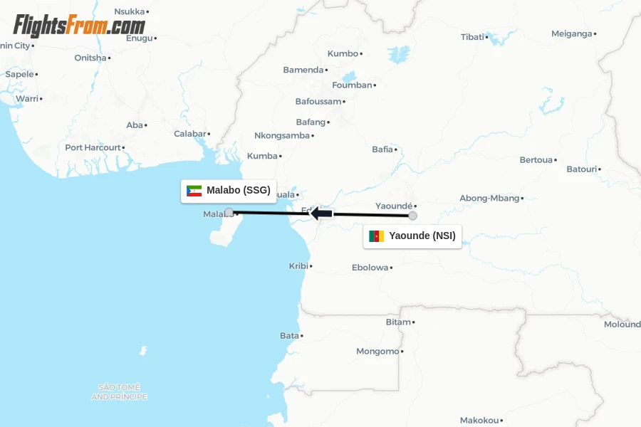 Flights from Yaounde to Malabo route map