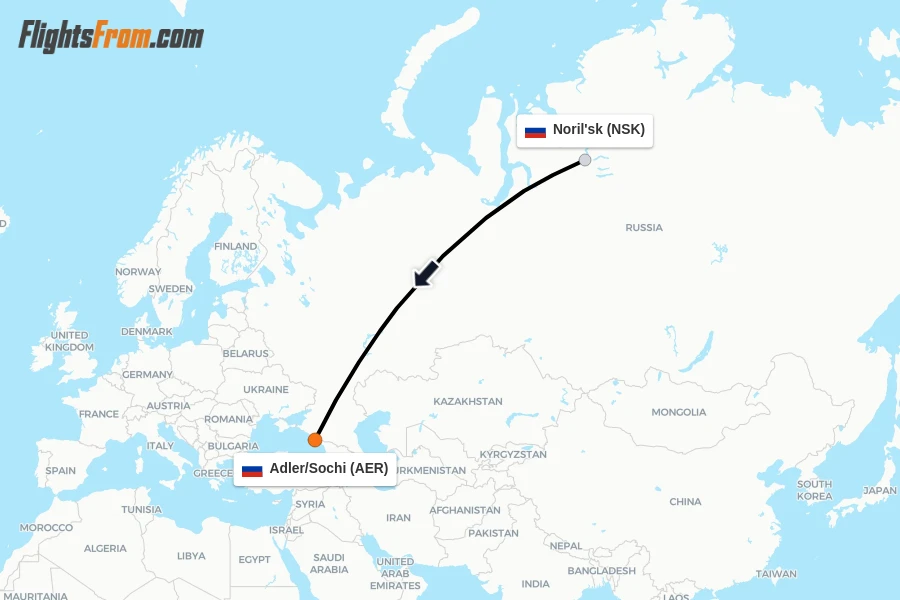 Flights from Noril'sk to Adler/Sochi route map
