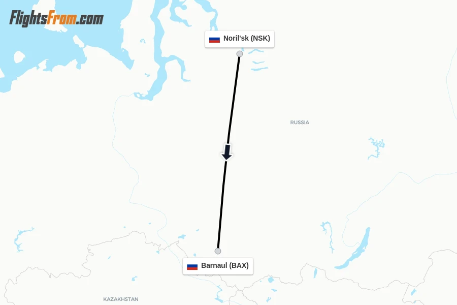 Flights from Noril'sk to Barnaul route map